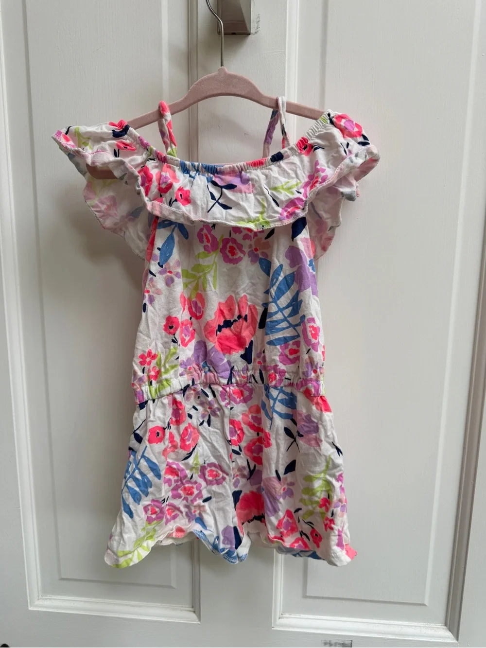 OshKosh B'gosh Girls 5T White Floral Off-Shoulder Tank Romper Pink Blue Flowers